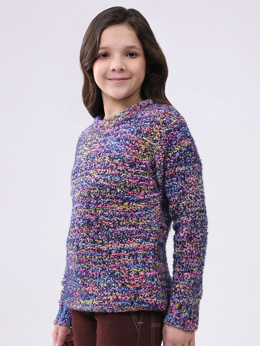 Girls Navy Blue & Purple Self Design Round Neck Full Sleeve Pullover - Image 3