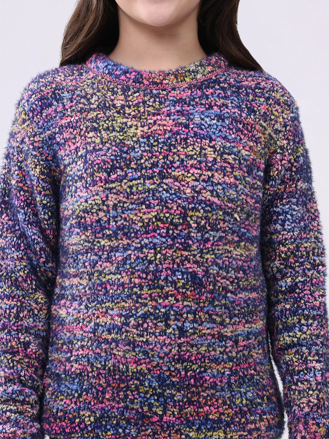 Girls Navy Blue & Purple Self Design Round Neck Full Sleeve Pullover - Image 6