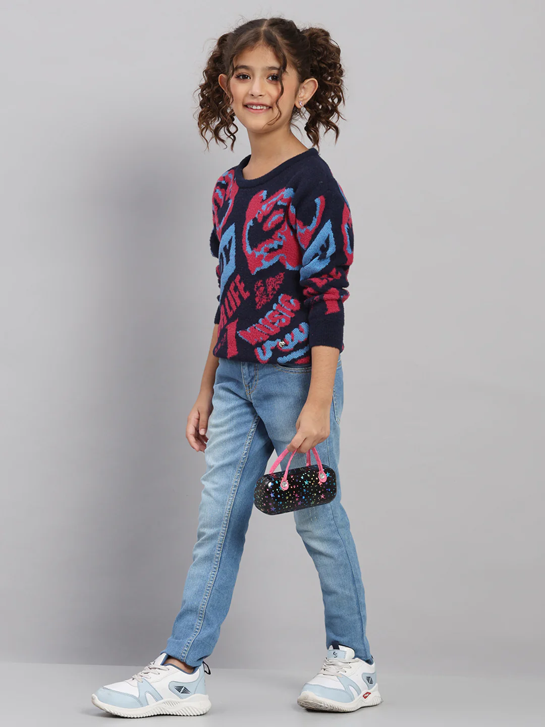 Girls Navy Blue Self Design Round Neck Full Sleeve Pullover - Image 2