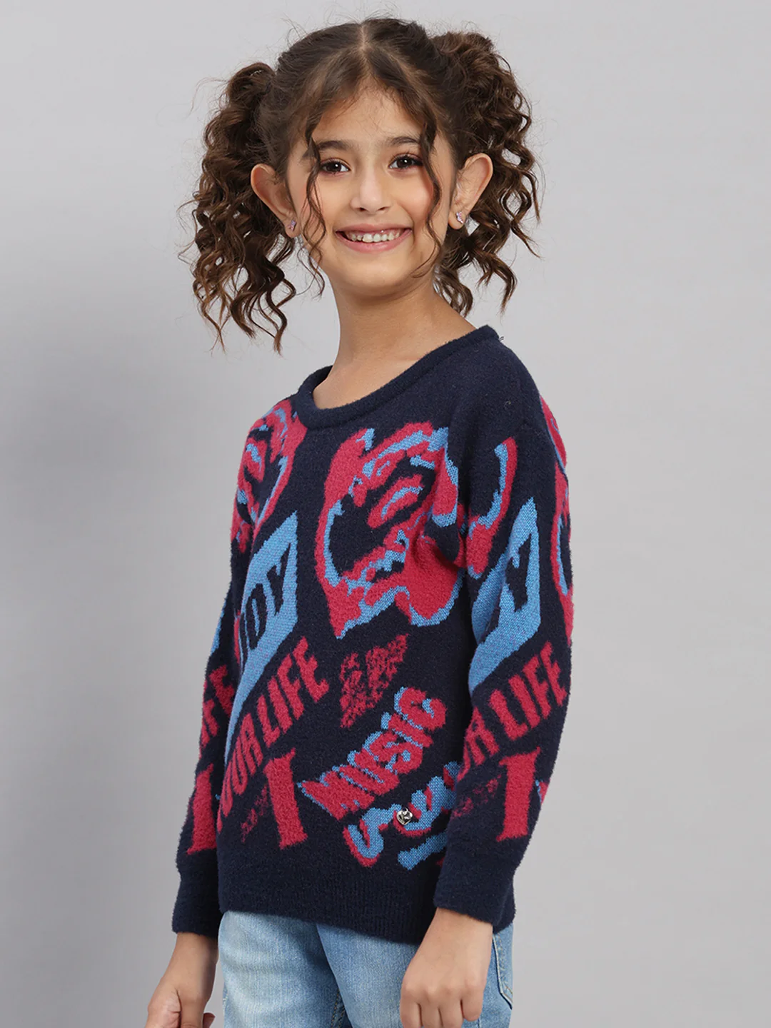 Girls Navy Blue Self Design Round Neck Full Sleeve Pullover - Image 3