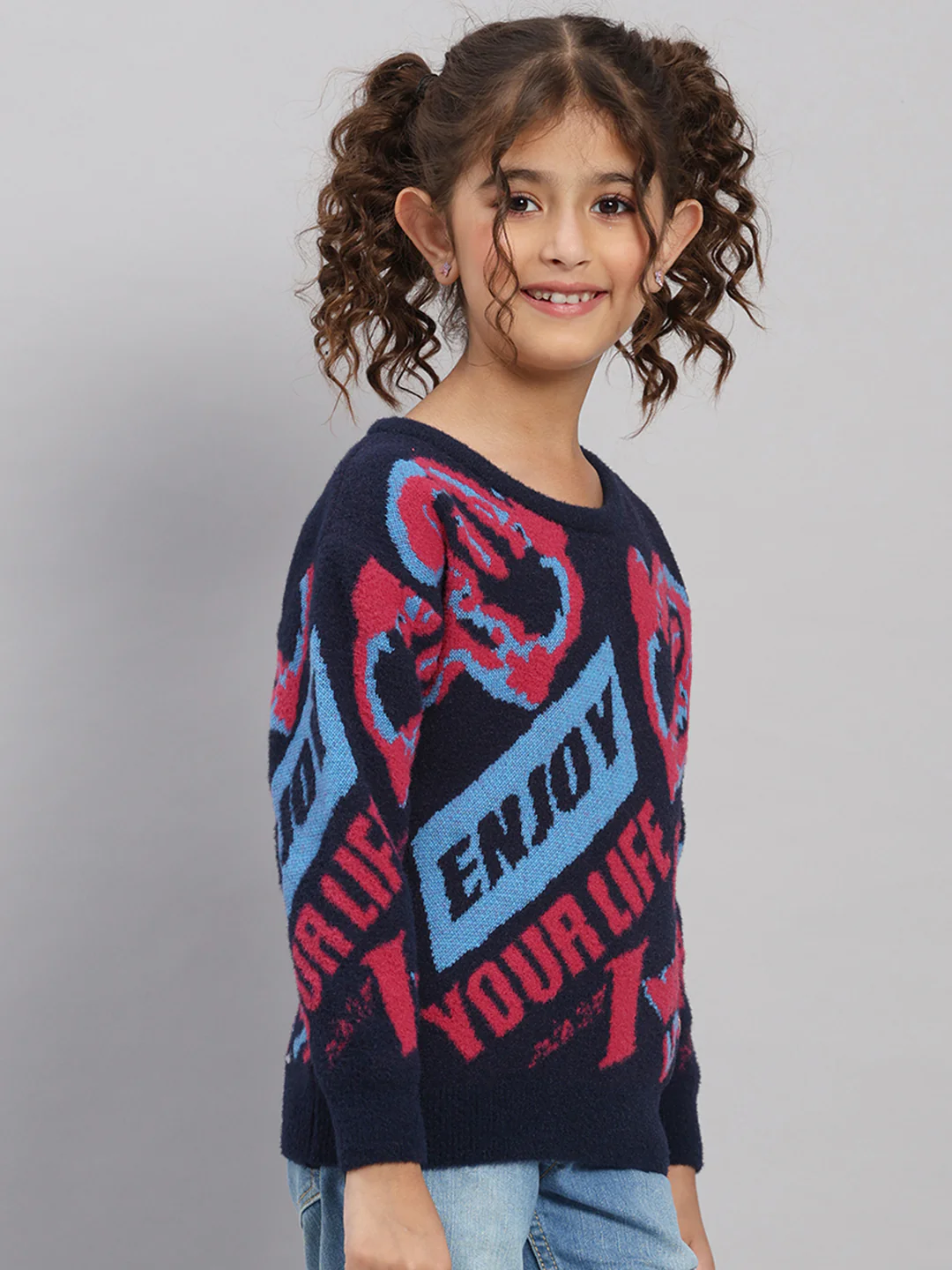 Girls Navy Blue Self Design Round Neck Full Sleeve Pullover - Image 4