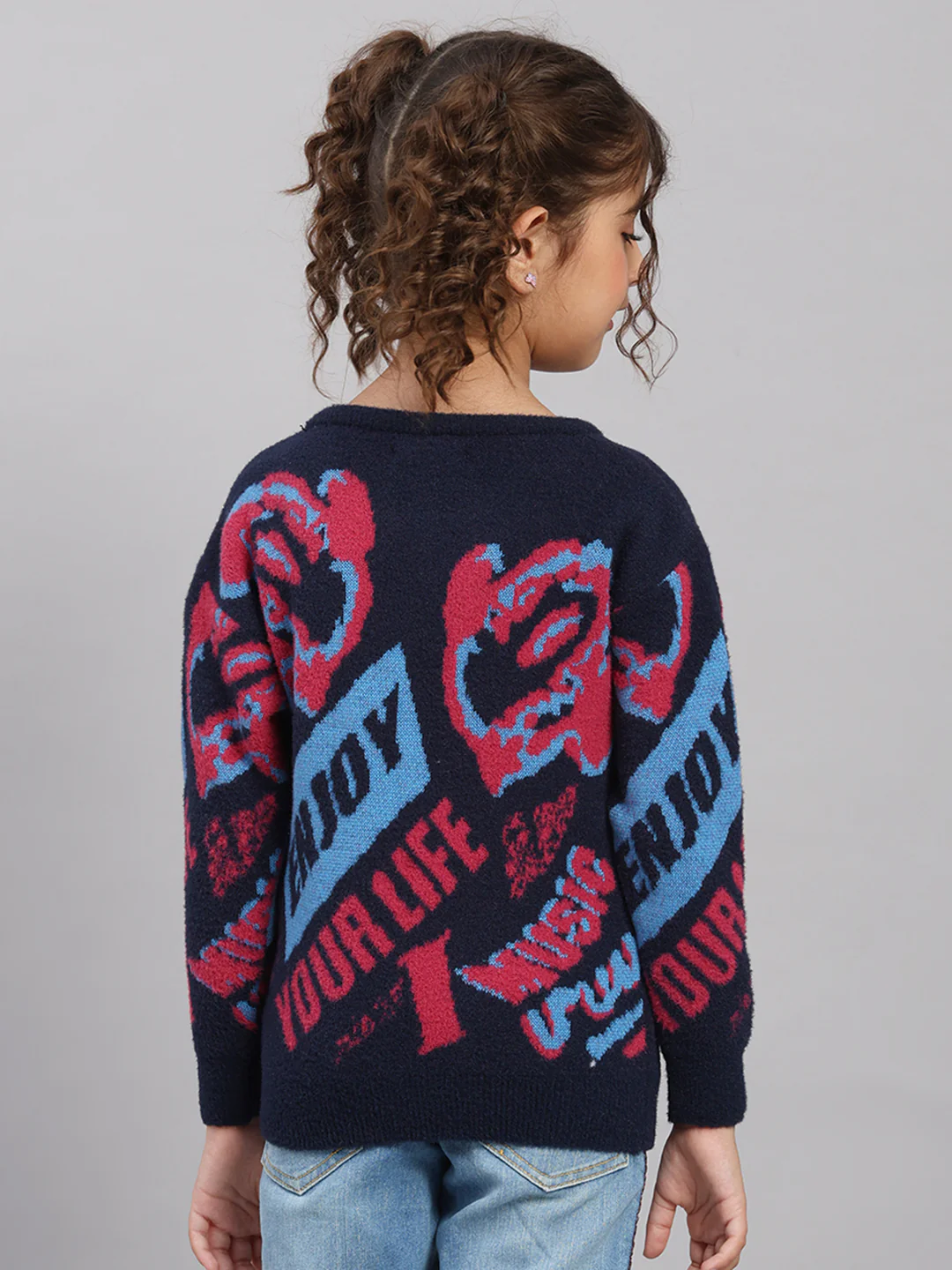 Girls Navy Blue Self Design Round Neck Full Sleeve Pullover - Image 5