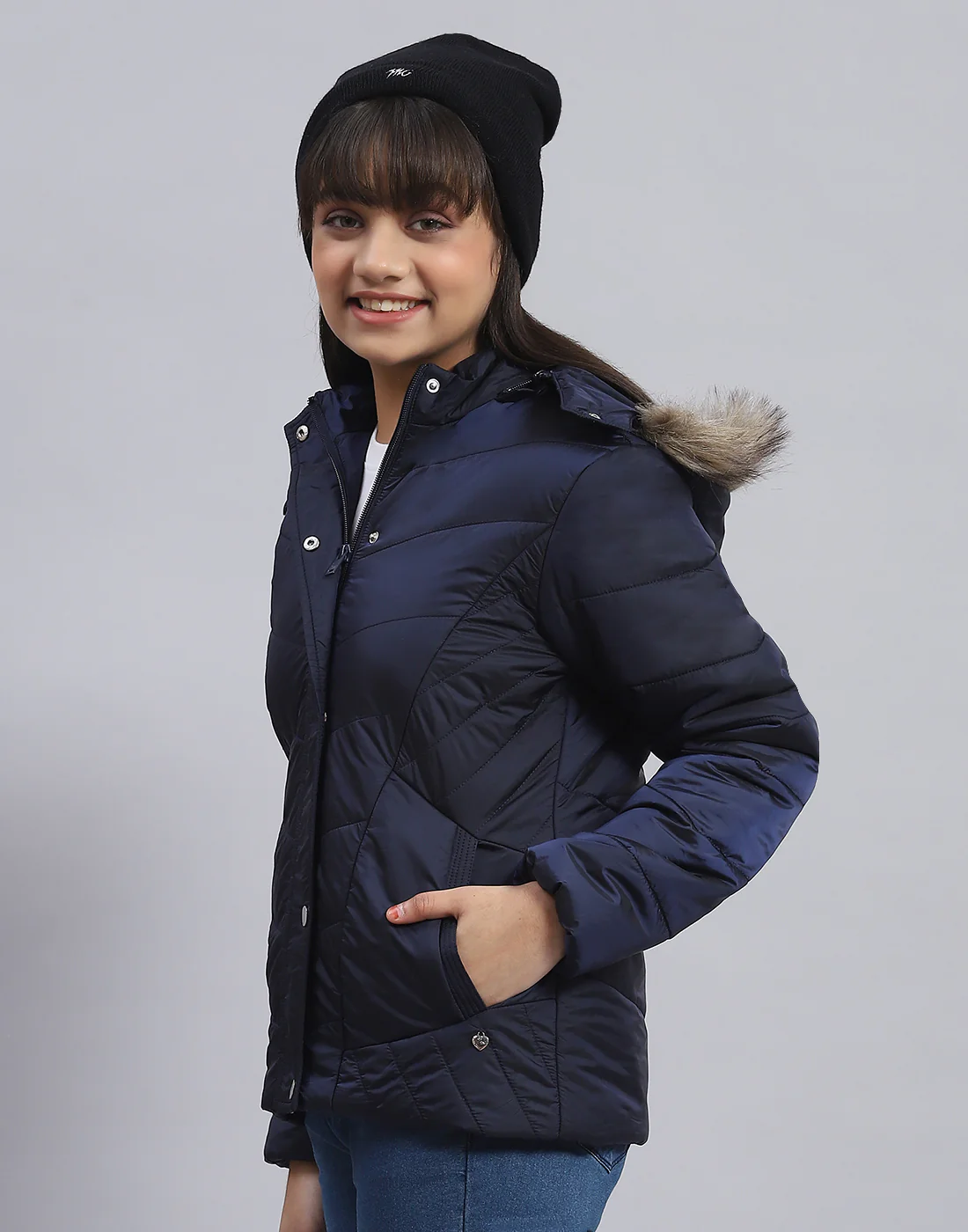 Girls Navy Blue Solid Hooded Full Sleeve Girls Jacket - Image 3