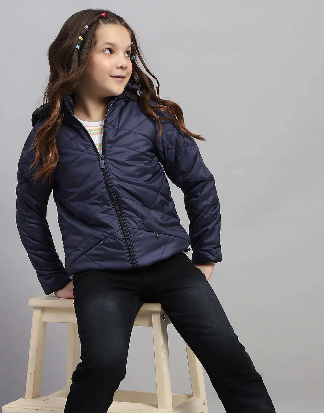 Girls Navy Blue Solid Hooded Full Sleeve Jacket - Image 6