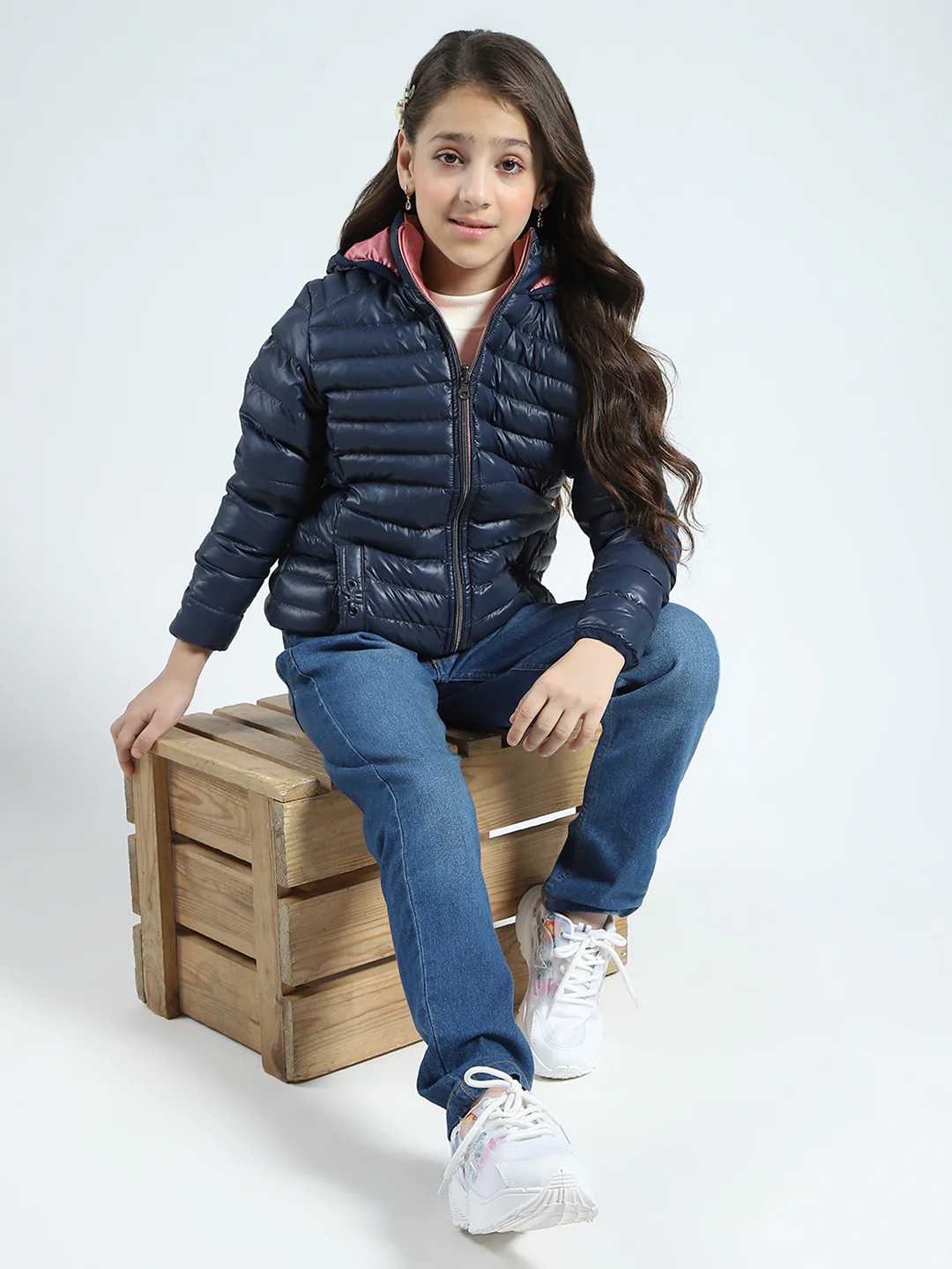 Girls Navy Blue Solid Hooded Full Sleeve Reversible Jacket - Image 2