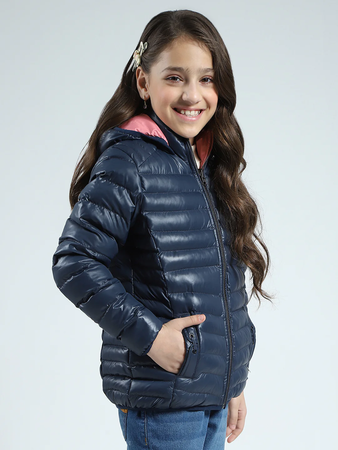 Girls Navy Blue Solid Hooded Full Sleeve Reversible Jacket - Image 4