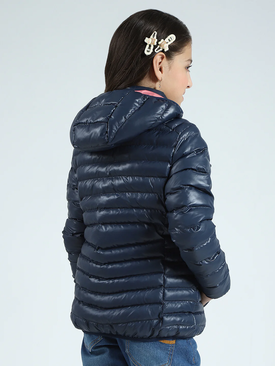 Girls Navy Blue Solid Hooded Full Sleeve Reversible Jacket - Image 5
