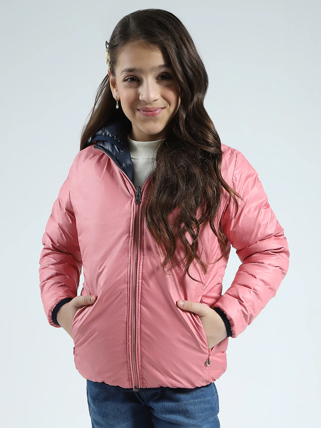 Girls Navy Blue Solid Hooded Full Sleeve Reversible Jacket - Image 7