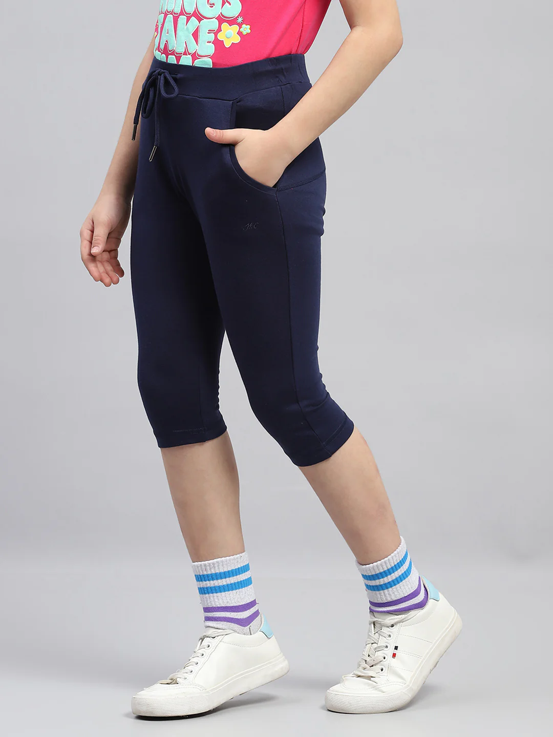 Girls Navy Blue Solid Regular Fit Capri - Image 3