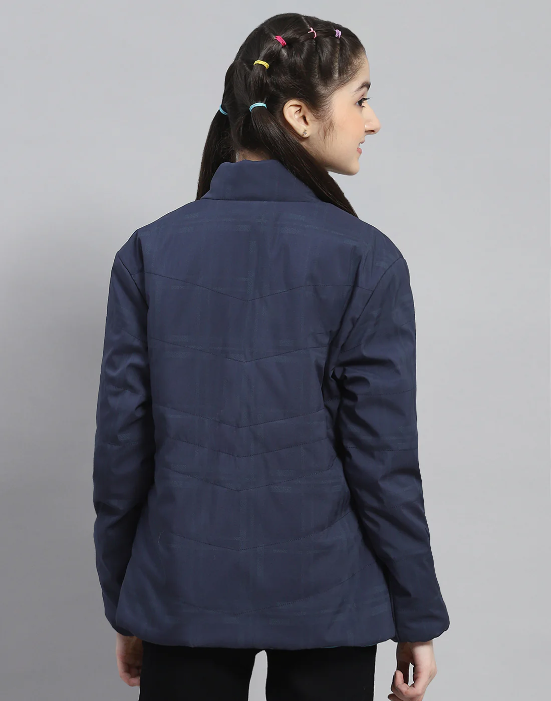 Girls Navy Blue Solid Stand Collar Full Sleeve Reversible Jacket - Image 5