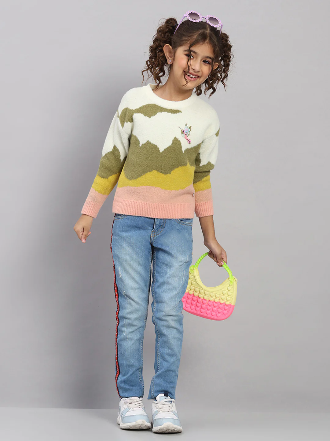 Girls Off White Embroidered Round Neck Full Sleeve Pullover - Image 2