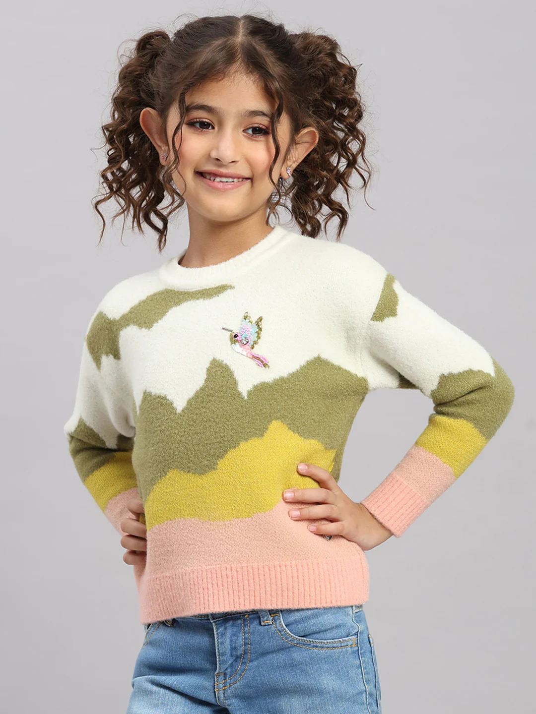 Girls Off White Embroidered Round Neck Full Sleeve Pullover - Image 3