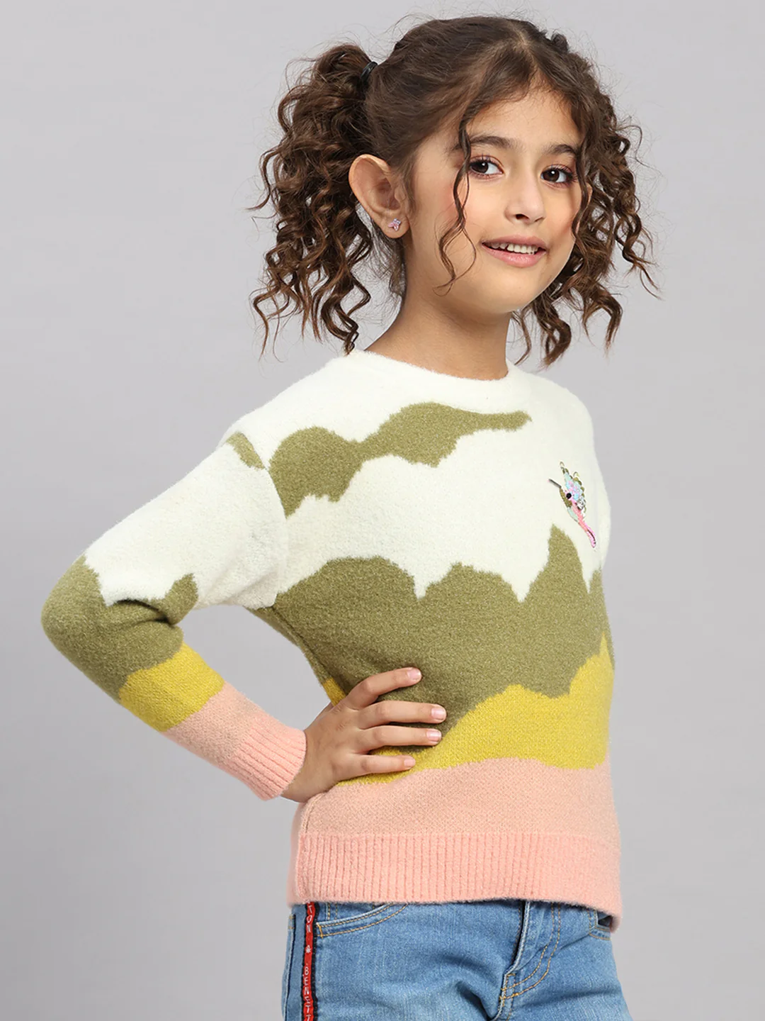 Girls Off White Embroidered Round Neck Full Sleeve Pullover - Image 4