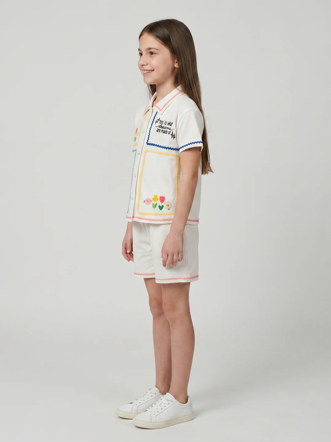 Girls Off White Embroidered Round Neck Half Sleeve Cords Set - Image 3