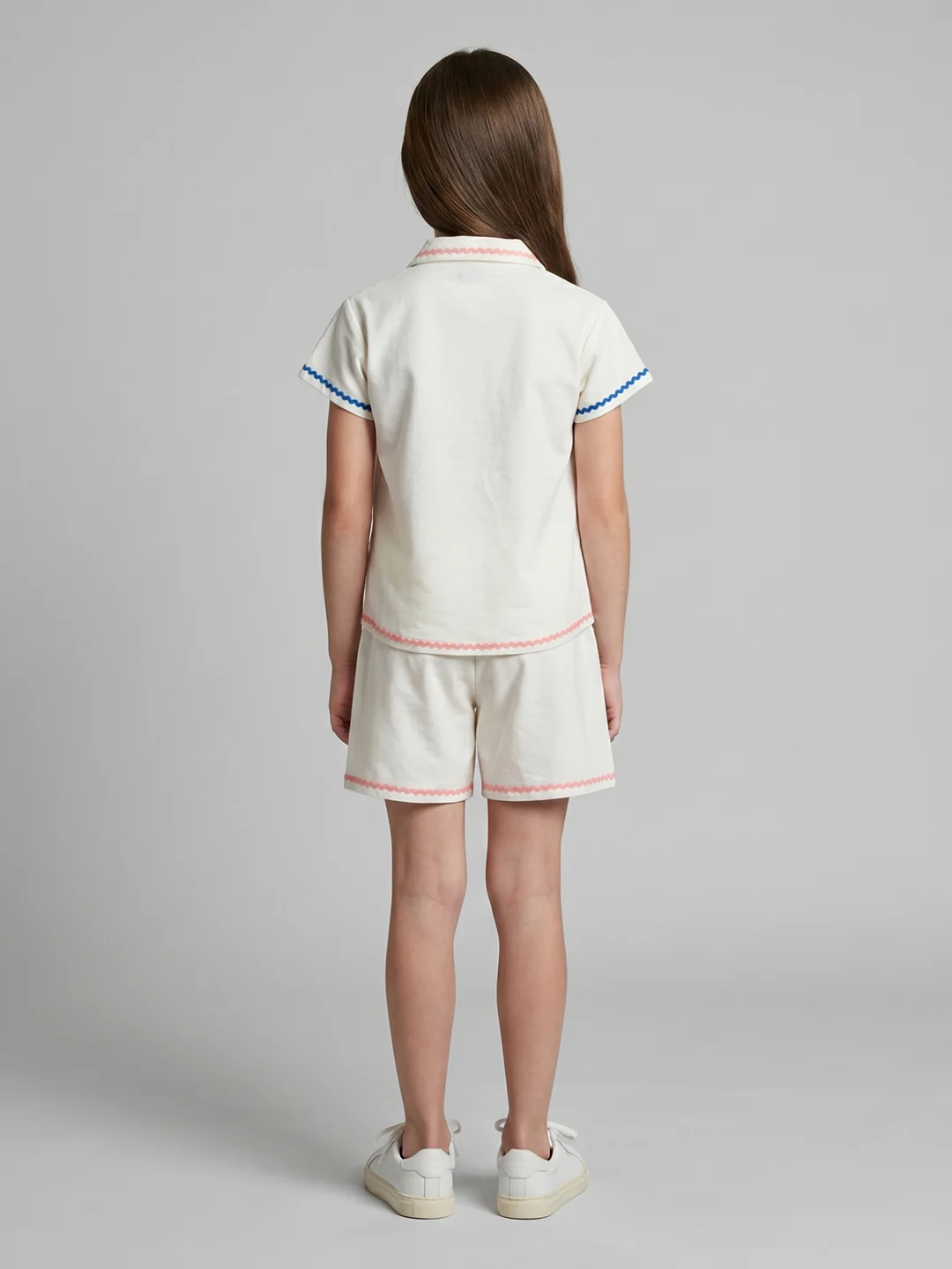 Girls Off White Embroidered Round Neck Half Sleeve Cords Set - Image 4