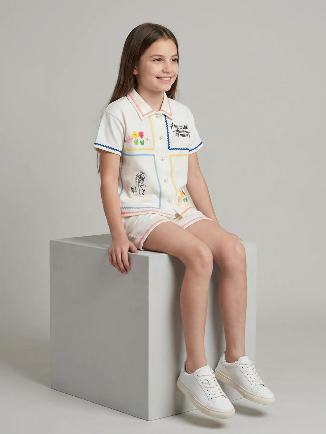 Girls Off White Embroidered Round Neck Half Sleeve Cords Set - Image 5