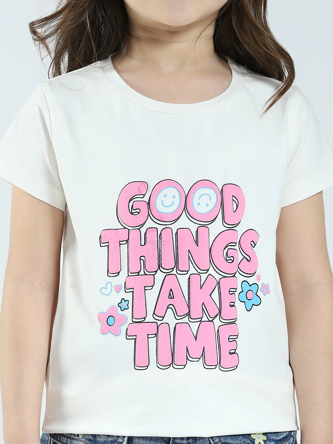 Girls Off White & Pink Printed Round Neck Half Sleeve Top 2Pc Set - Image 10