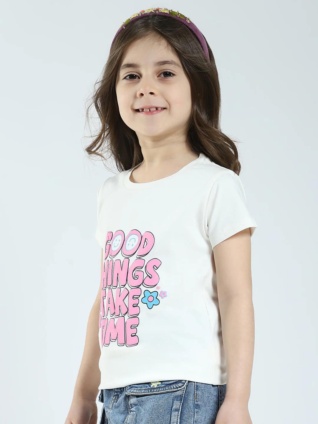 Girls Off White & Pink Printed Round Neck Half Sleeve Top 2Pc Set - Image 4
