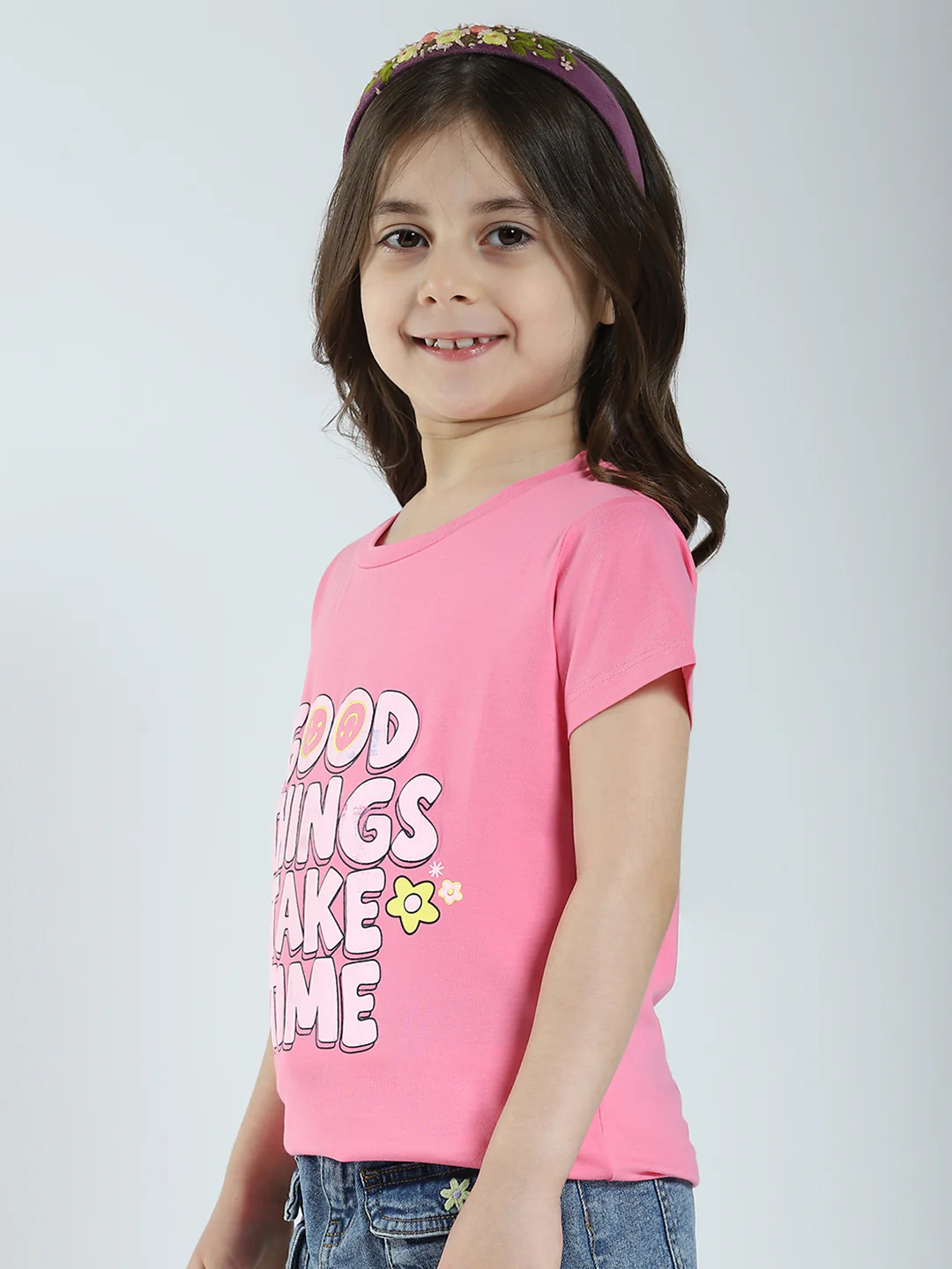 Girls Off White & Pink Printed Round Neck Half Sleeve Top 2Pc Set - Image 8