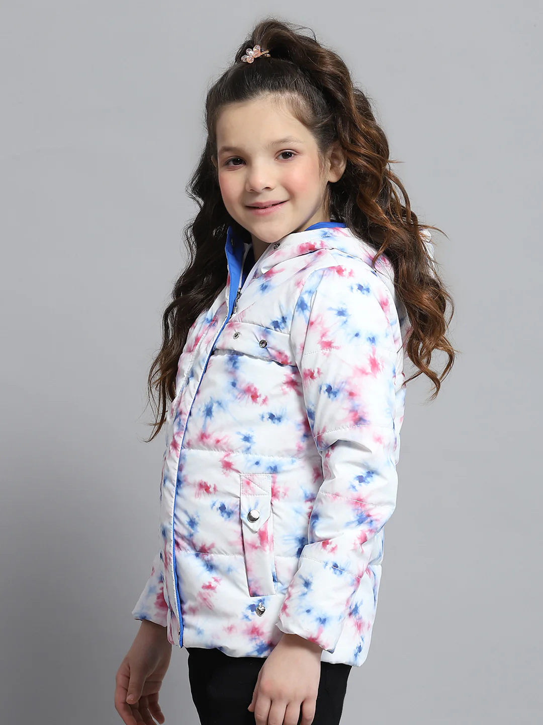Girls Off White Printed Hooded Full Sleeve Jacket - Image 3