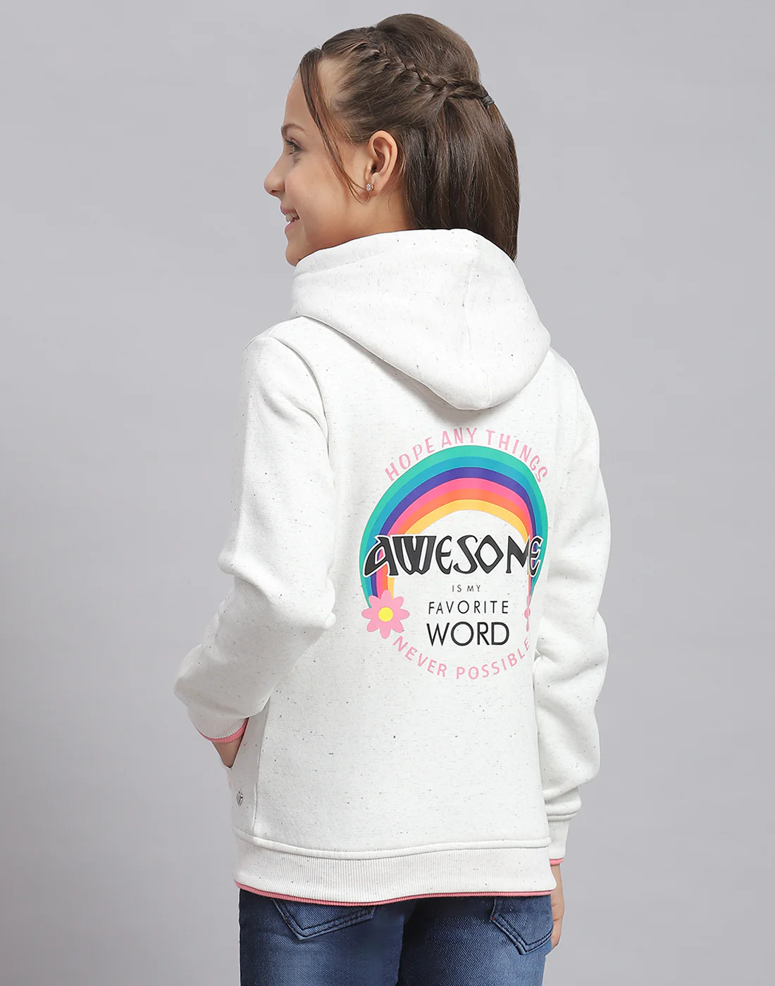 Girls Off White Printed Hooded Full Sleeve Sweatshirt - Image 6