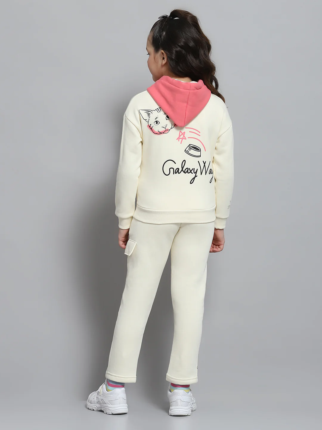 Girls Off White Printed Hooded Full Sleeve Tracksuit - Image 5