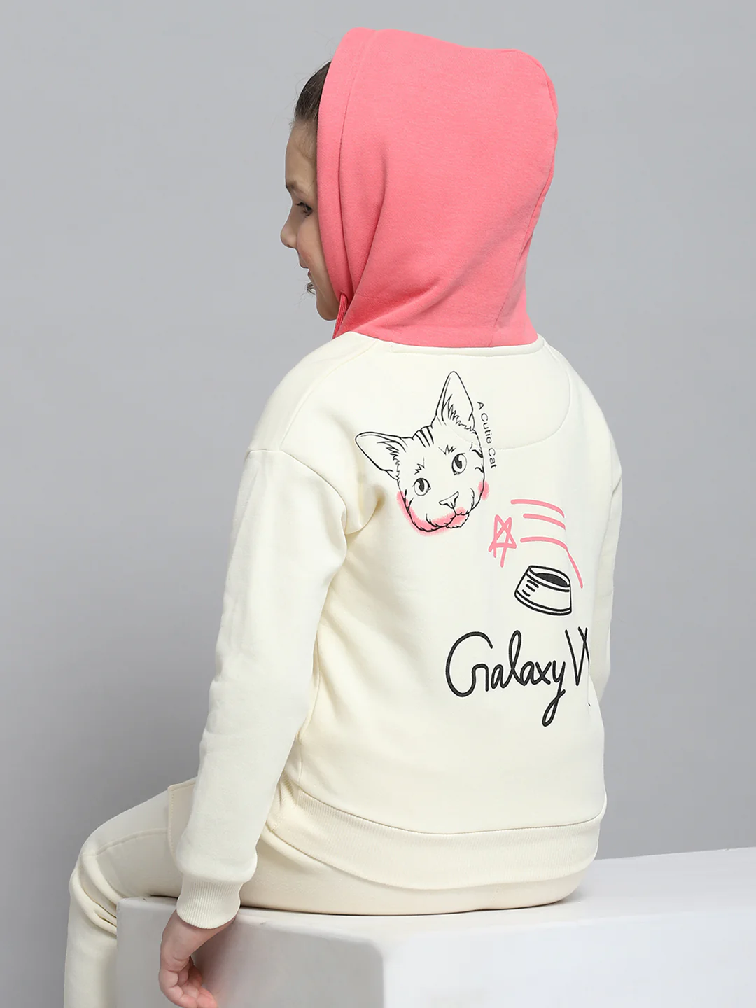 Girls Off White Printed Hooded Full Sleeve Tracksuit - Image 6