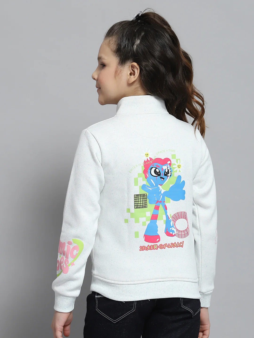 Girls Off White Printed Mock Neck Full Sleeve Sweatshirt - Image 5