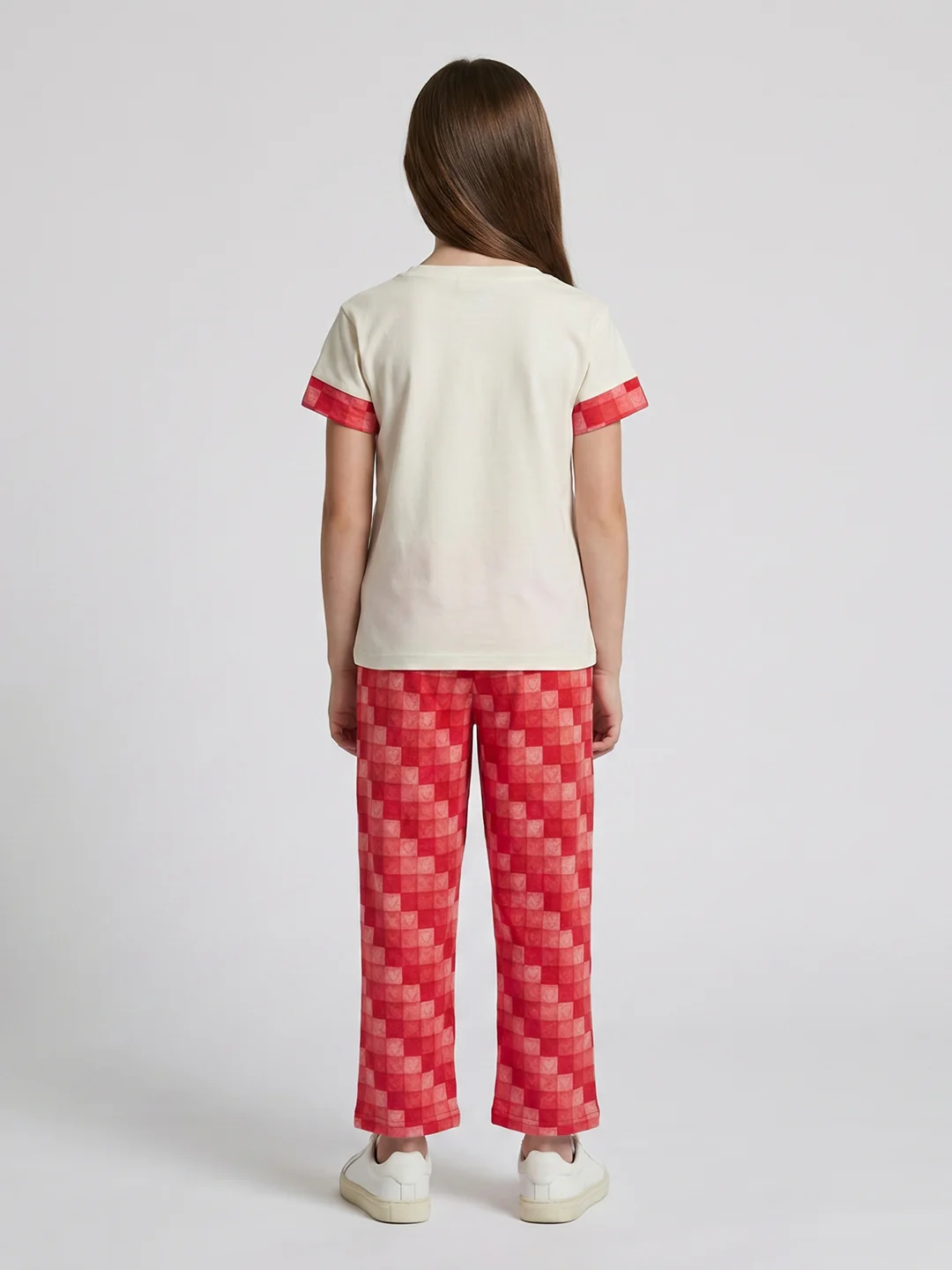 Girls Off White Printed Round Neck Half Sleeve Lower Set - Image 4
