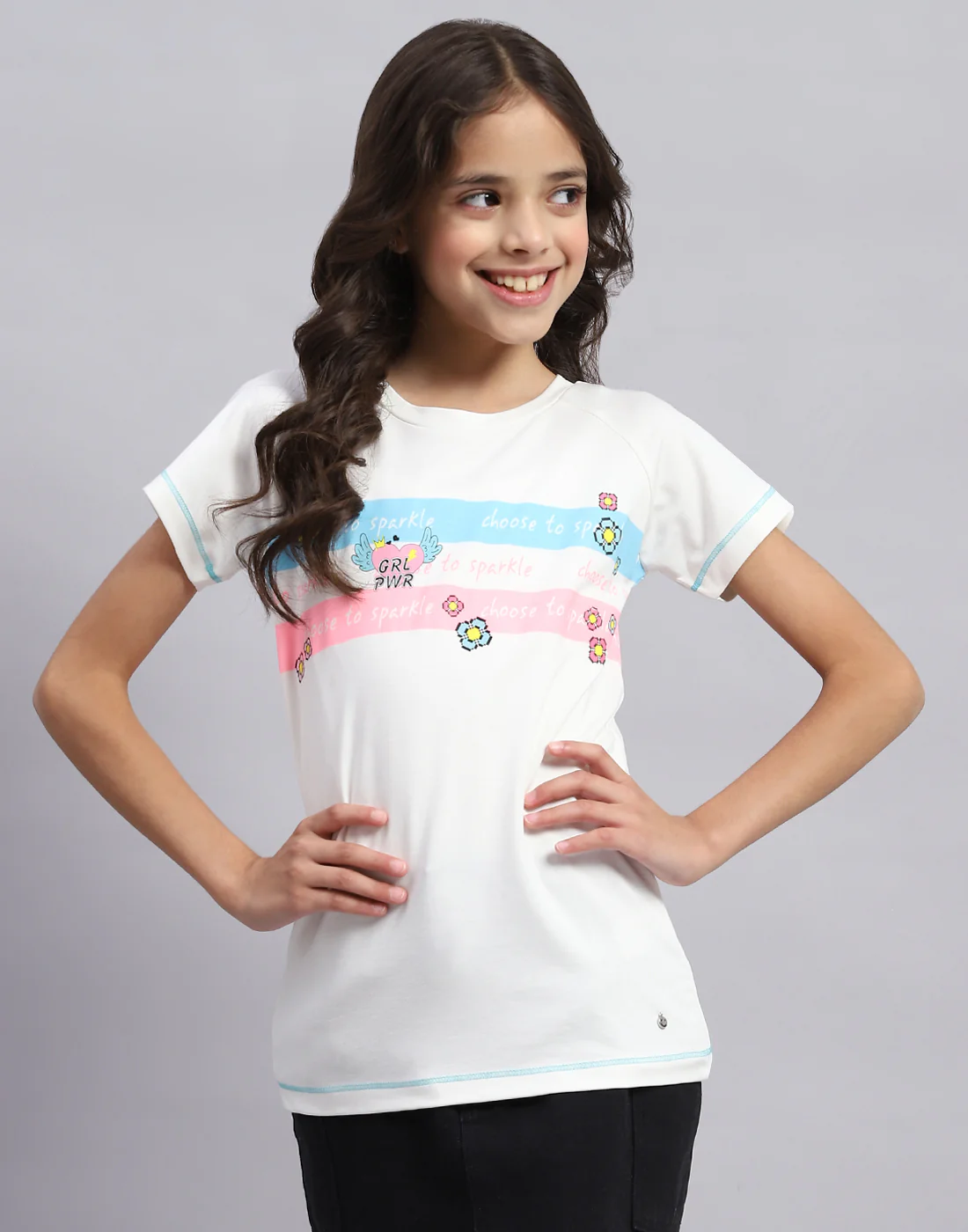 Girls Off White Printed Round Neck Half Sleeve Top - Image 2