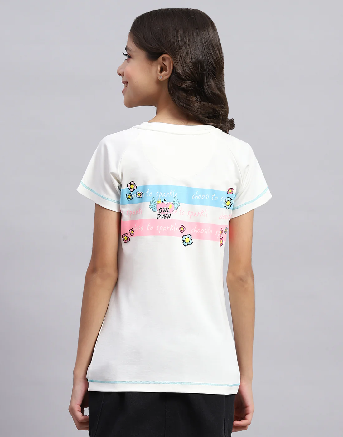 Girls Off White Printed Round Neck Half Sleeve Top - Image 5
