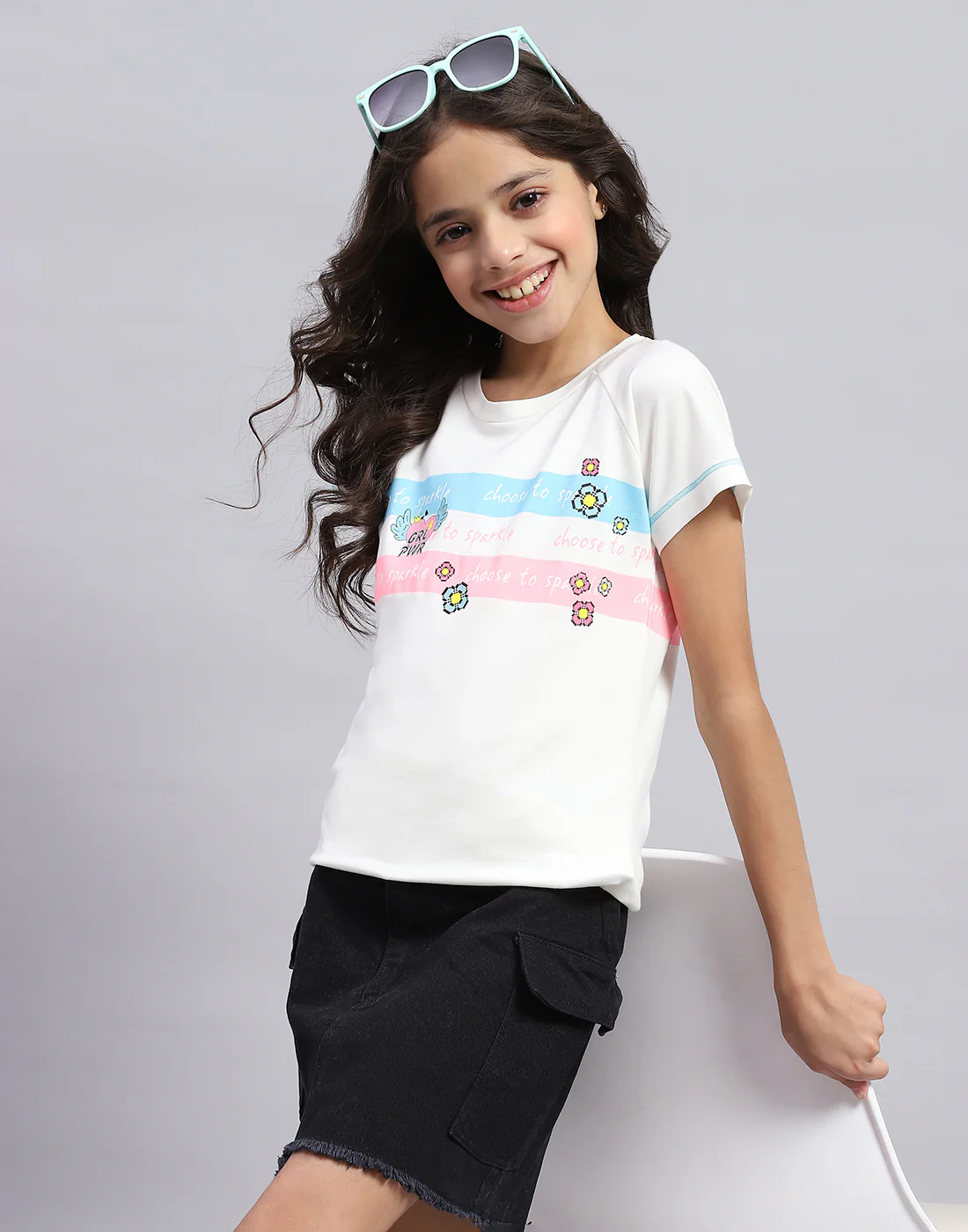 Girls Off White Printed Round Neck Half Sleeve Top - Image 6