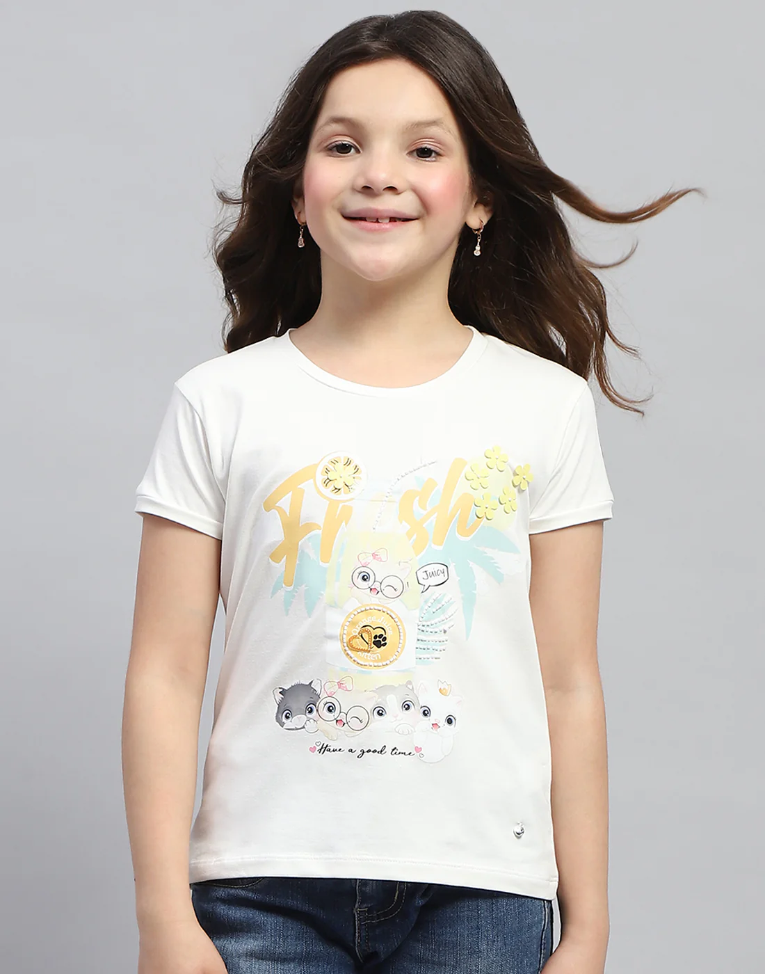 Girls Off White Printed Round Neck Half Sleeve Top - Image 2