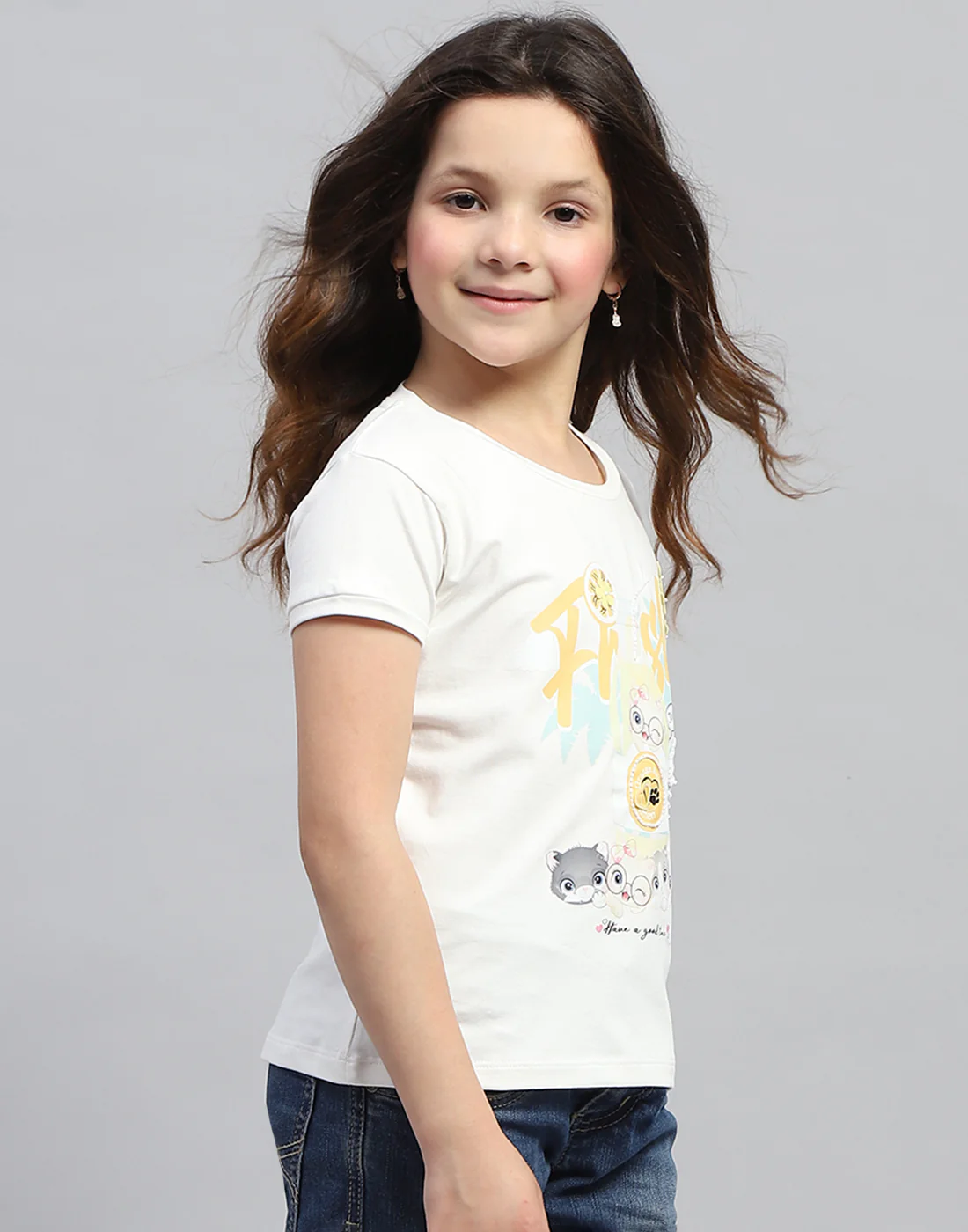Girls Off White Printed Round Neck Half Sleeve Top - Image 4