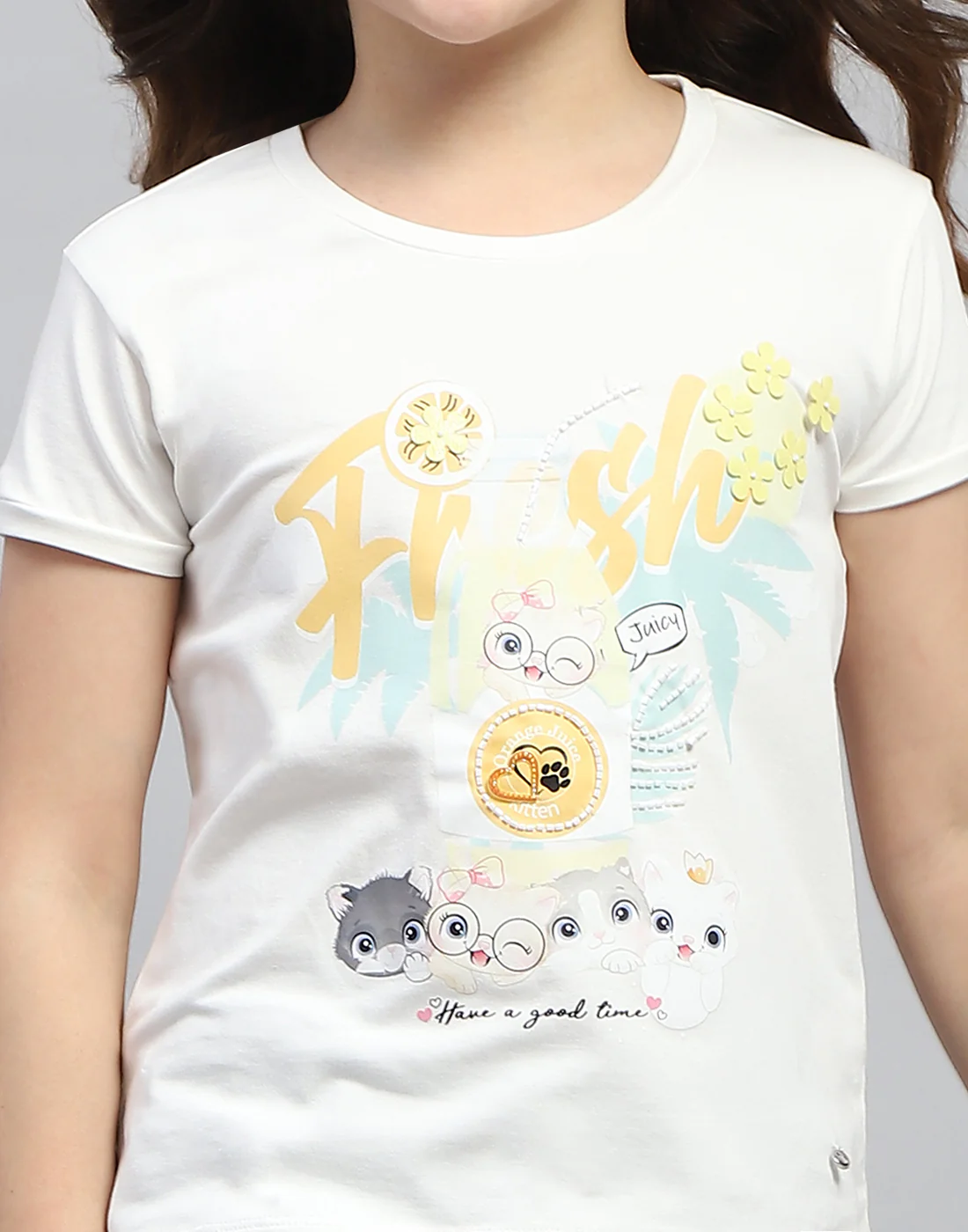 Girls Off White Printed Round Neck Half Sleeve Top - Image 6