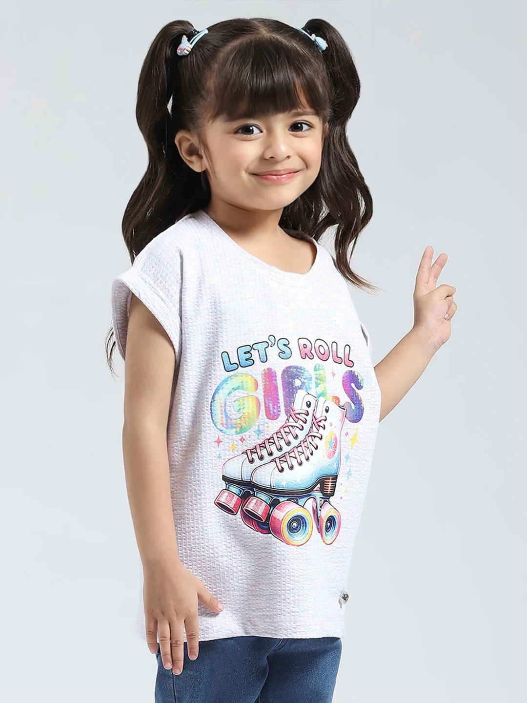 Girls Off White Printed Round Neck Half Sleeve Top - Image 4