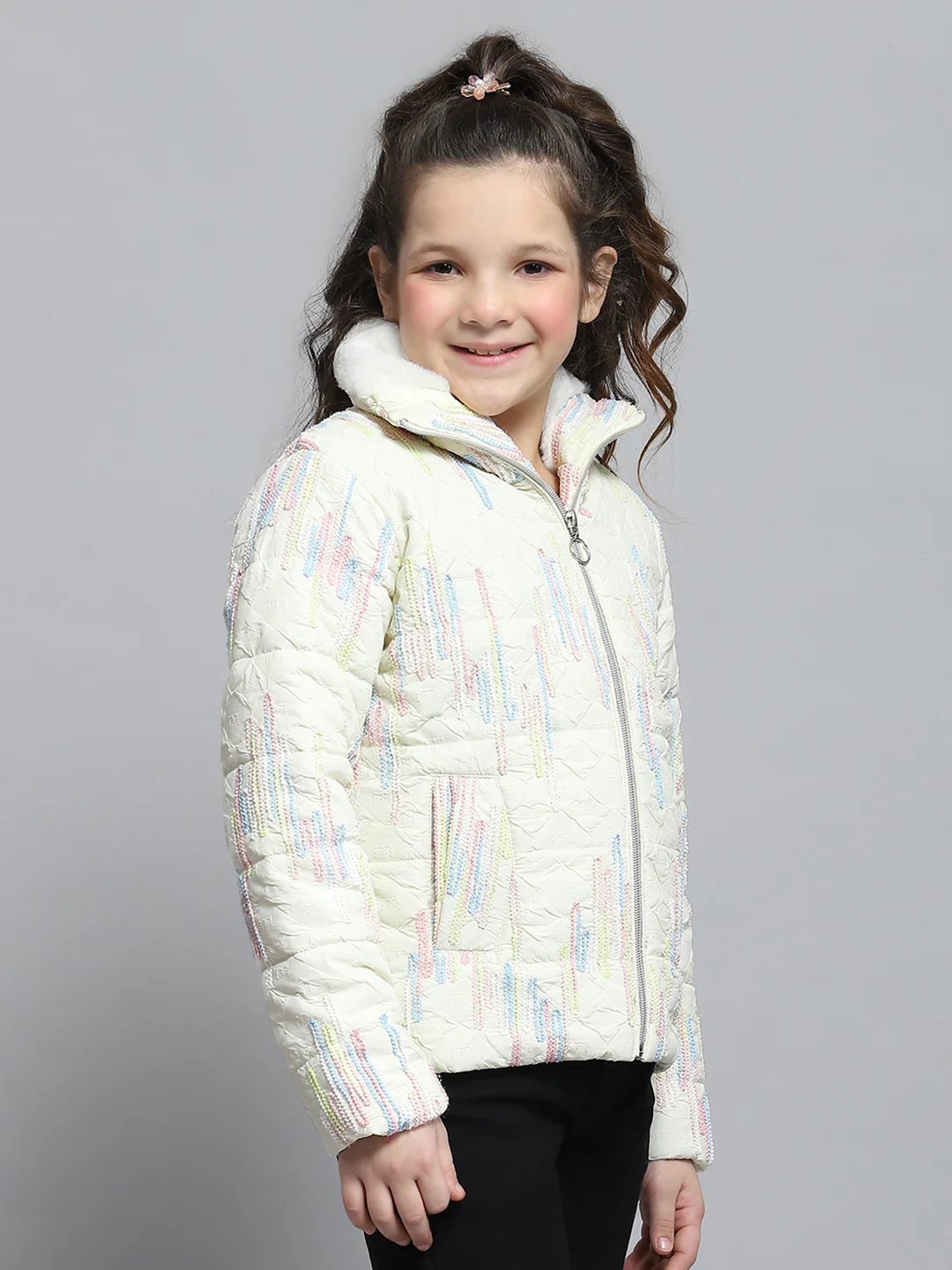 Girls Off White Self Design Collar Full Sleeve Jacket - Image 4