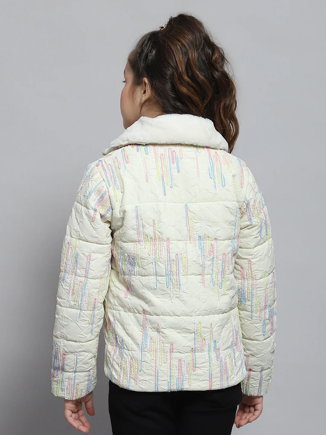 Girls Off White Self Design Collar Full Sleeve Jacket - Image 5