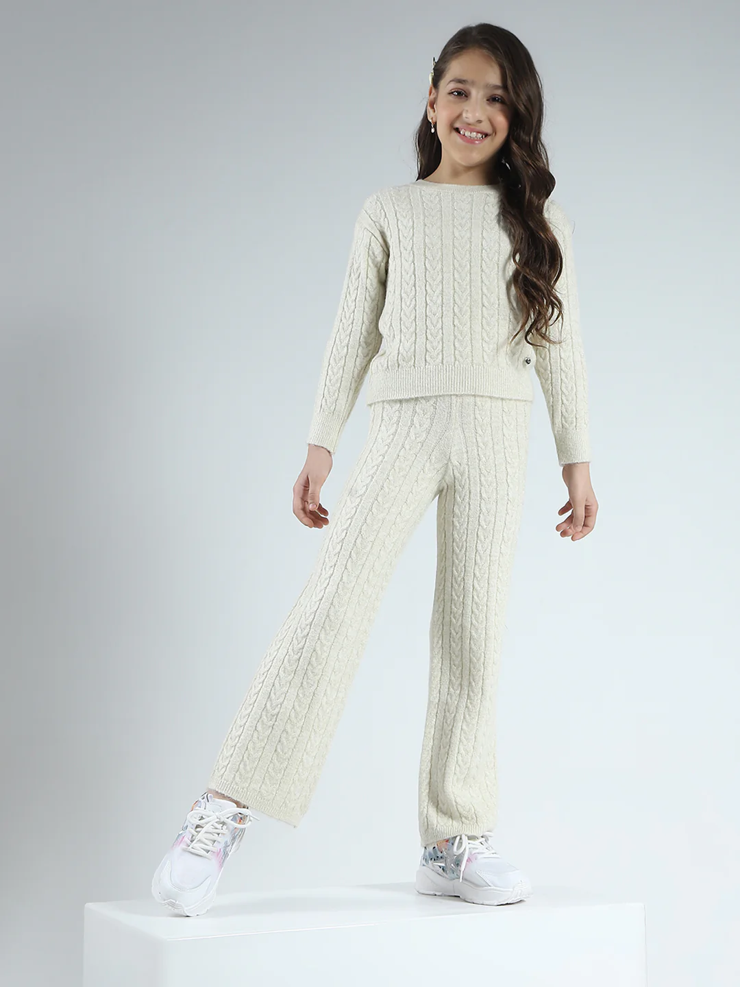Girls Off White Self Design Round Neck Full Sleeve Cords Set - Image 2