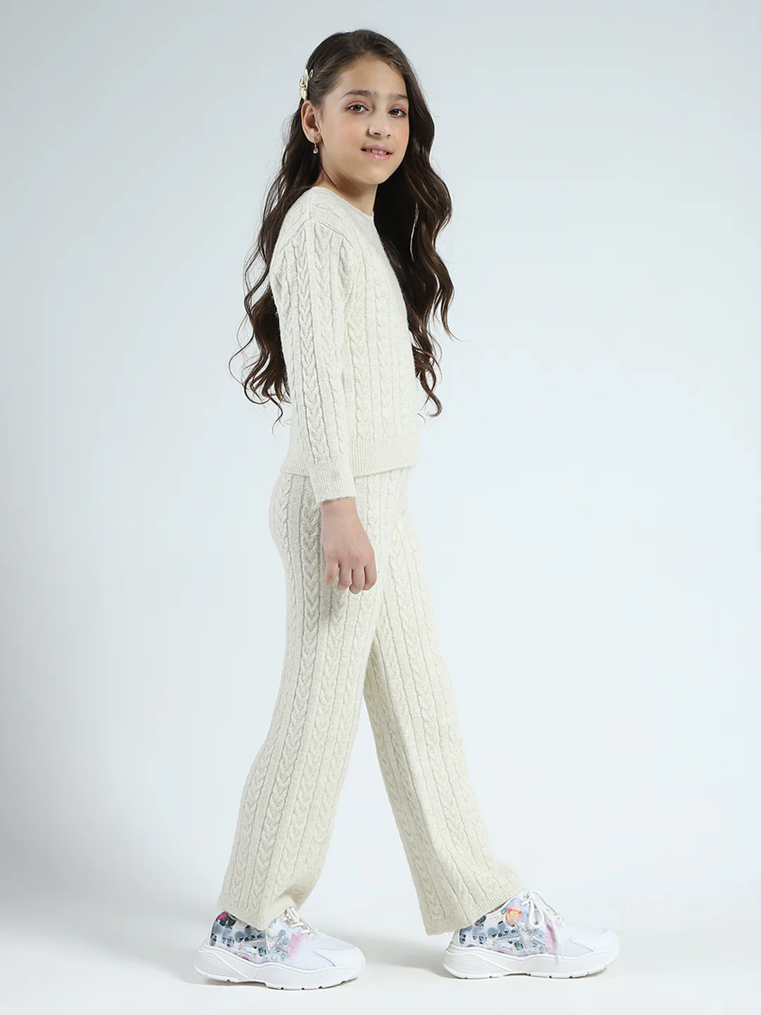 Girls Off White Self Design Round Neck Full Sleeve Cords Set - Image 4