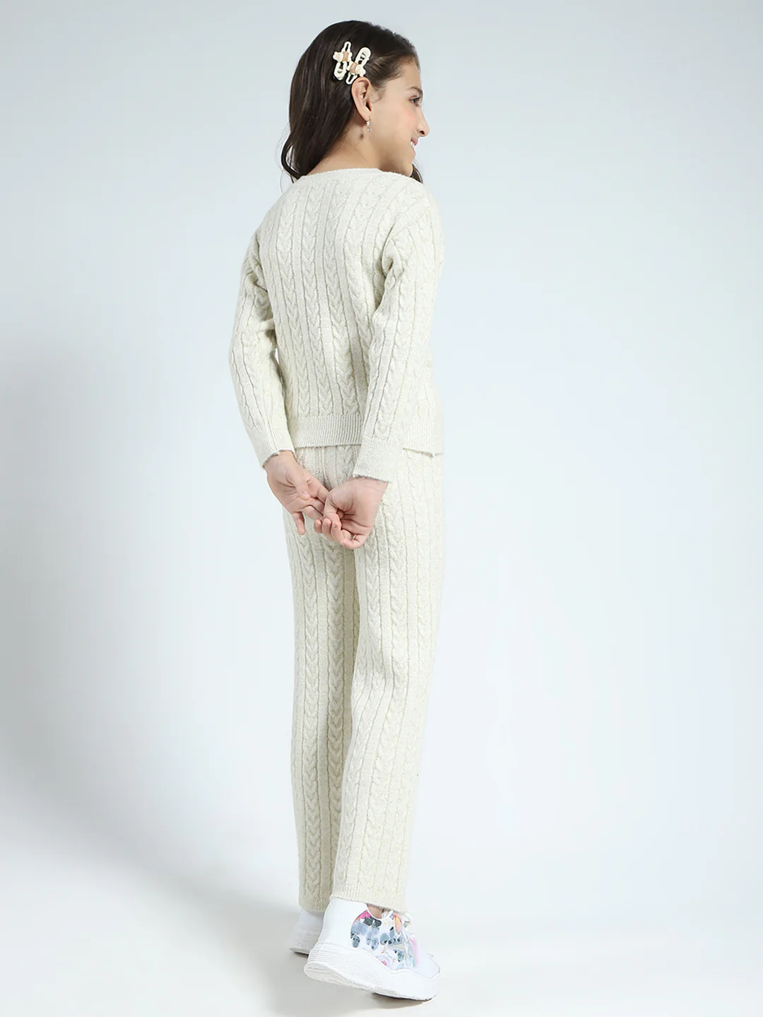 Girls Off White Self Design Round Neck Full Sleeve Cords Set - Image 5