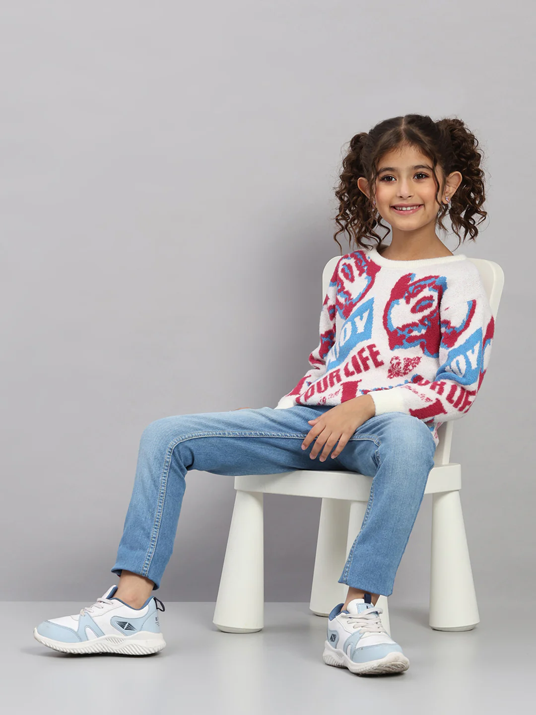 Girls Off White Self Design Round Neck Full Sleeve Pullover - Image 2