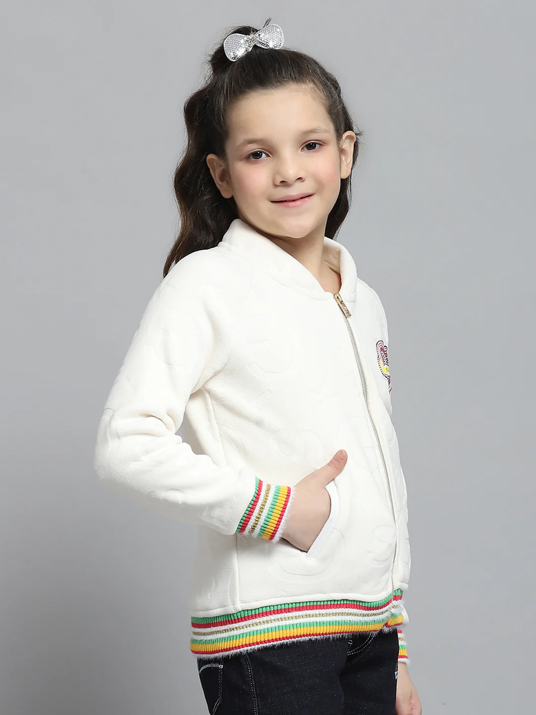 Girls Off White Self Design Round Neck Full Sleeve Sweatshirt - Image 4