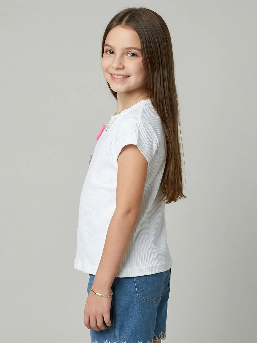 Girls Off White Self Design Round Neck Half Sleeve Top - Image 6