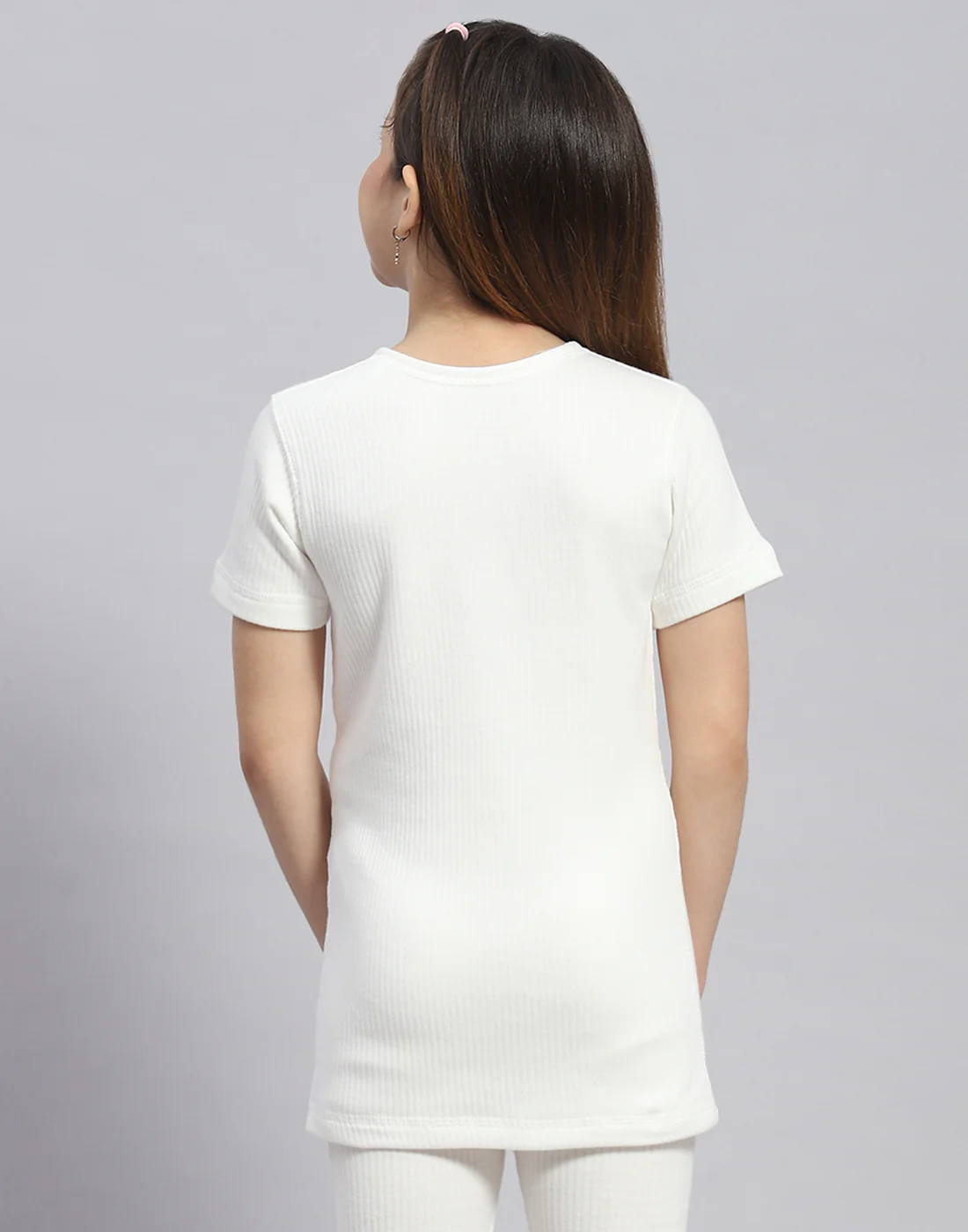 Girls Off White Solid Round Neck Half Sleeve Thermal Vest - Image 5