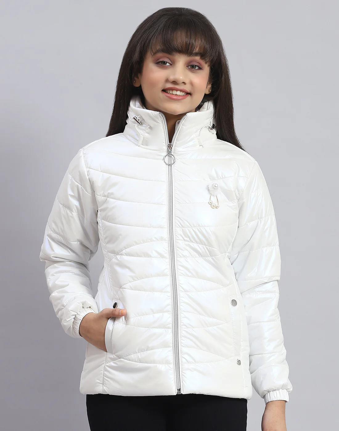 Girls Off White Solid Stand Collar Full Sleeve Girls Jacket - Image 3