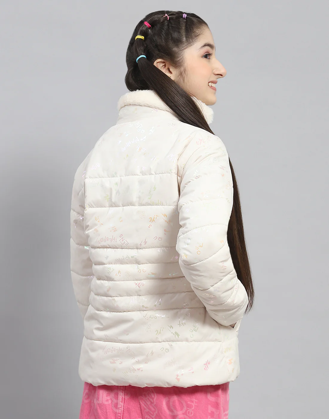 Girls Off White Solid Stand Collar Full Sleeve Girls Jacket - Image 4