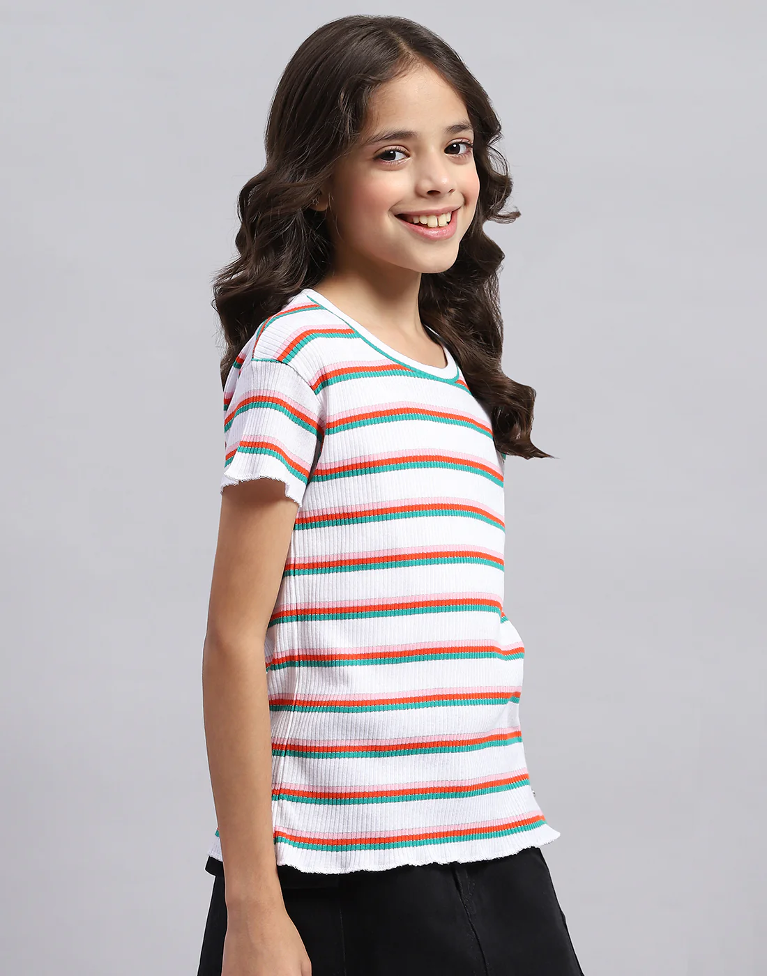 Girls Off White Stripe Round Neck Half Sleeve Top - Image 4