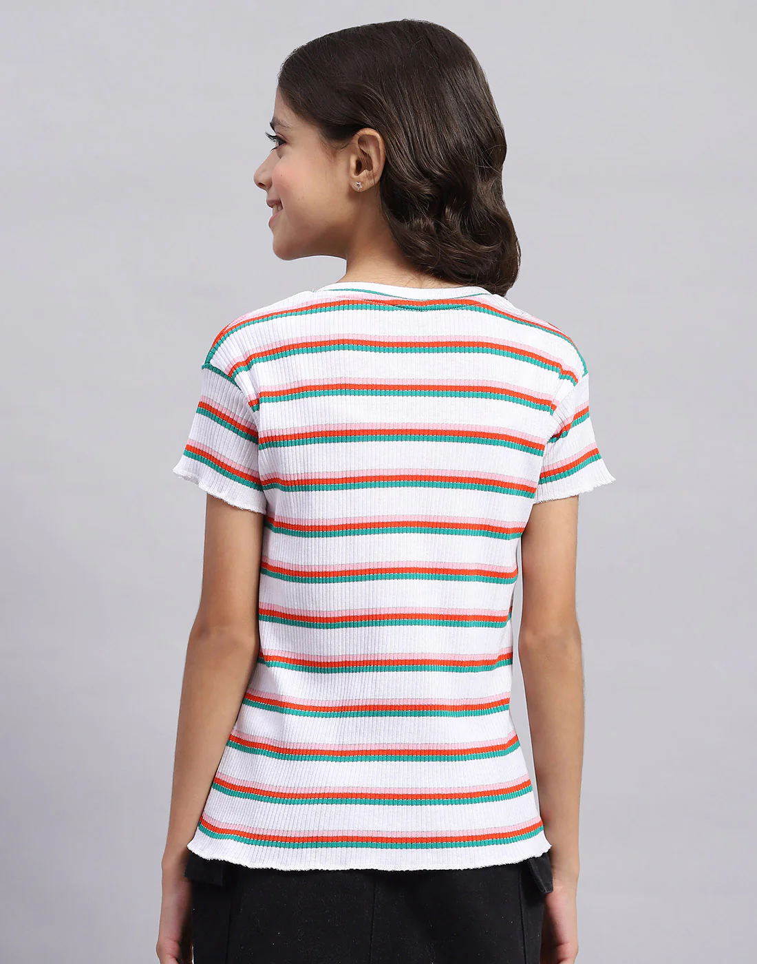 Girls Off White Stripe Round Neck Half Sleeve Top - Image 5