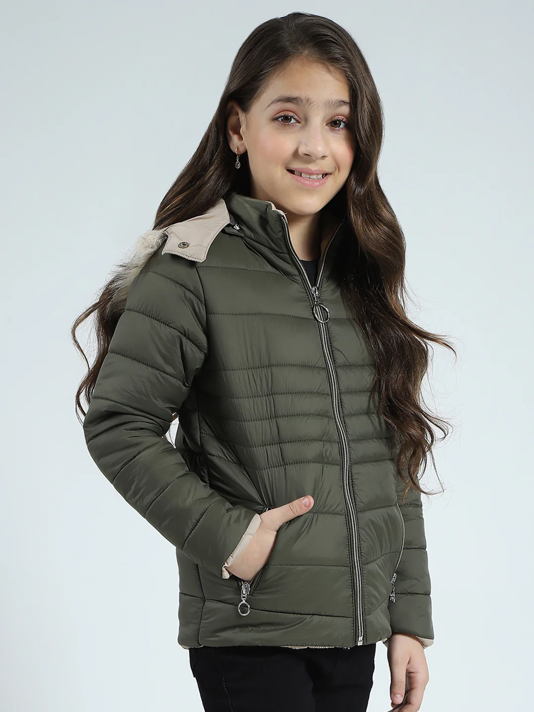 Girls Olive Solid Detachable Hood Full Sleeve Jacket - Image 4